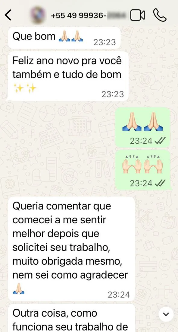 Depoimento de cliente enviado por WhatsApp