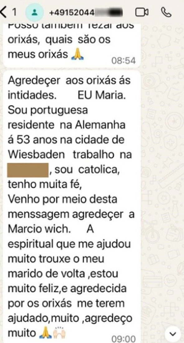 Depoimento de cliente enviado por WhatsApp