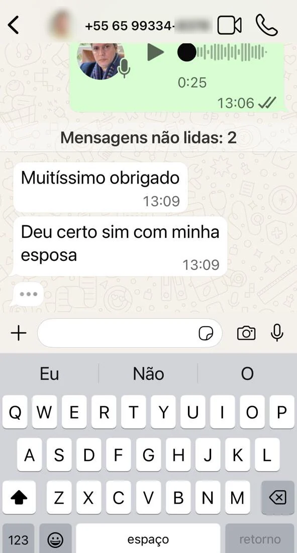 Depoimento de cliente enviado por WhatsApp